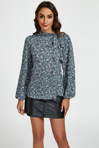 Floral Print Side Tie Blouse Top In Blue