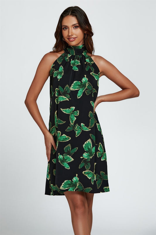 Butterfly Print Halter Neck Tie Back Mini Dress In Green