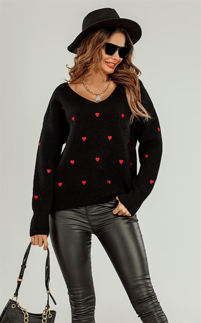 Embroidery Red Heart V Neck Jumper In Black