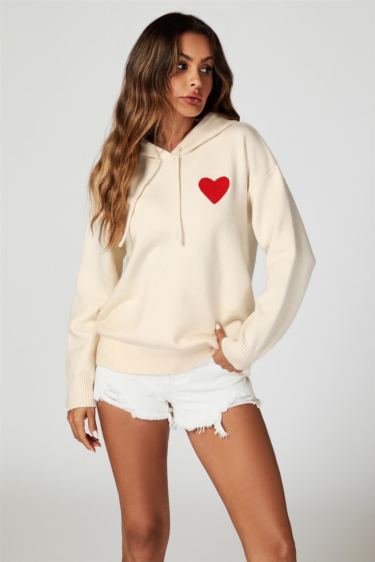 Heart Embroidery Knitted Hoodie In Cream