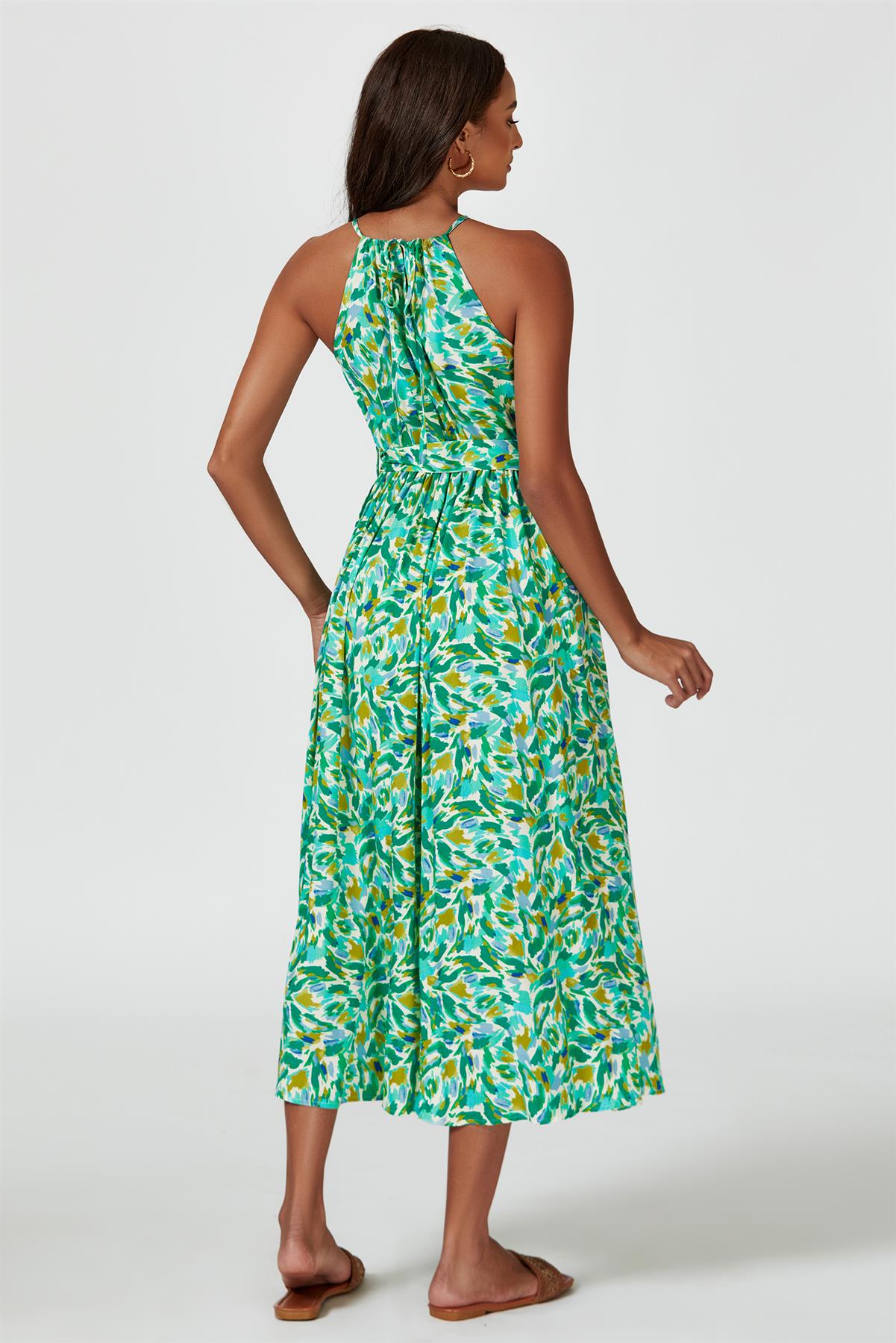 Maxi-Kleid mit abstraktem Print & Halterneck-Bindung in Grün