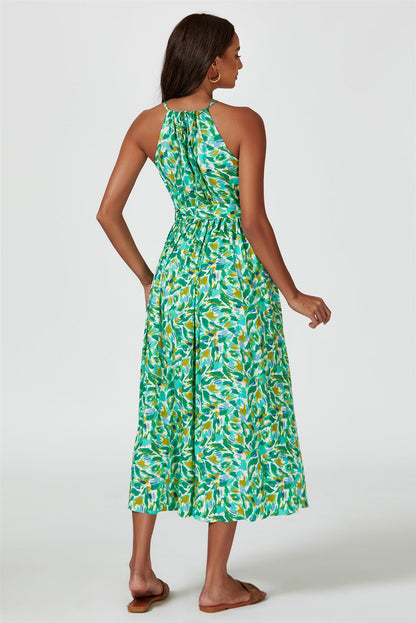 Maxi-Kleid mit abstraktem Print & Halterneck-Bindung in Grün