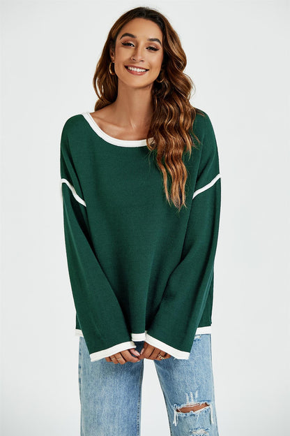 White Striped Oversized Jumper Top In Dark Green