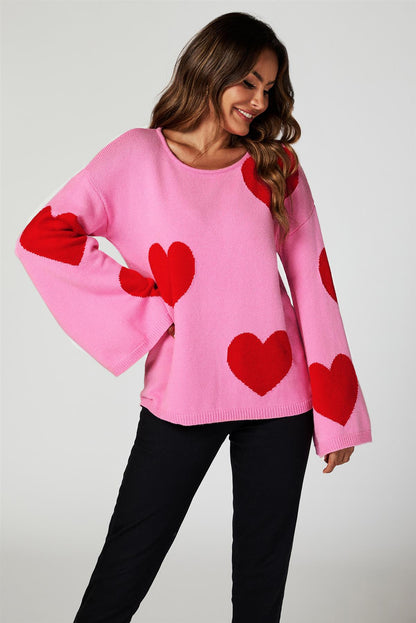 Wide Sleeve Oversize Red Jumper With Pink Heart