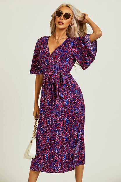 Angel Sleeve Wrap Top Midi Dress In Blue