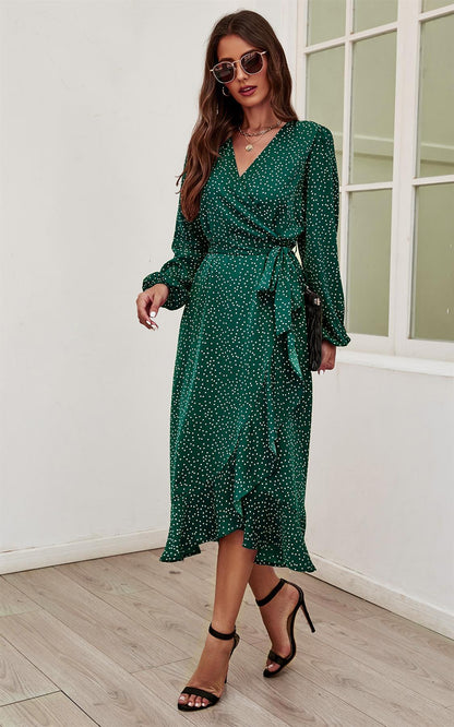 Long Sleeve Wrap Midi Dress In Green