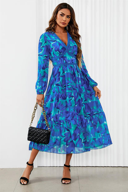 Floral Print Long Sleeve Maxi Dress In Blue