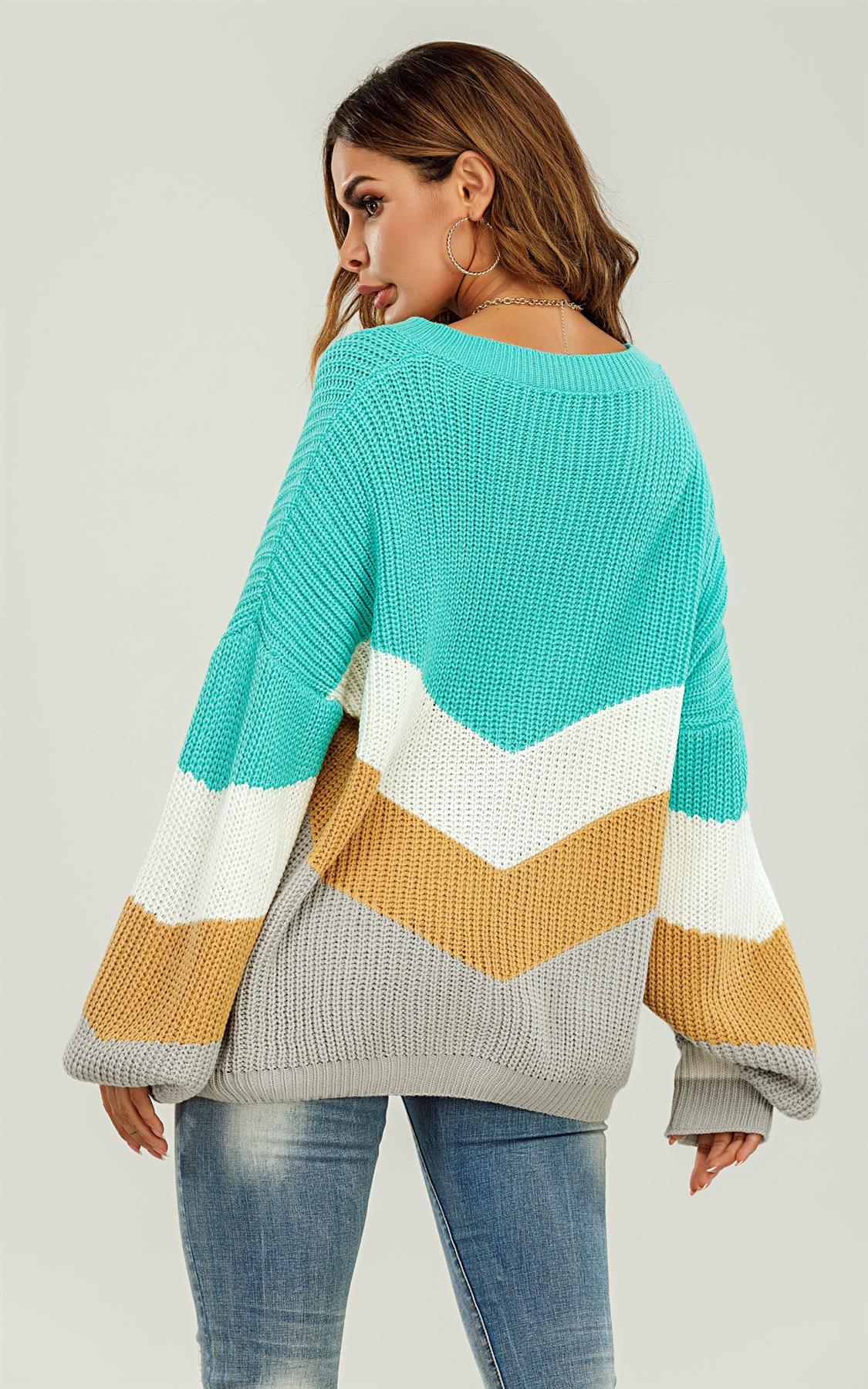 Blue & Grey Colour Block Jumper White & Golden Striped Long Sleeve Top