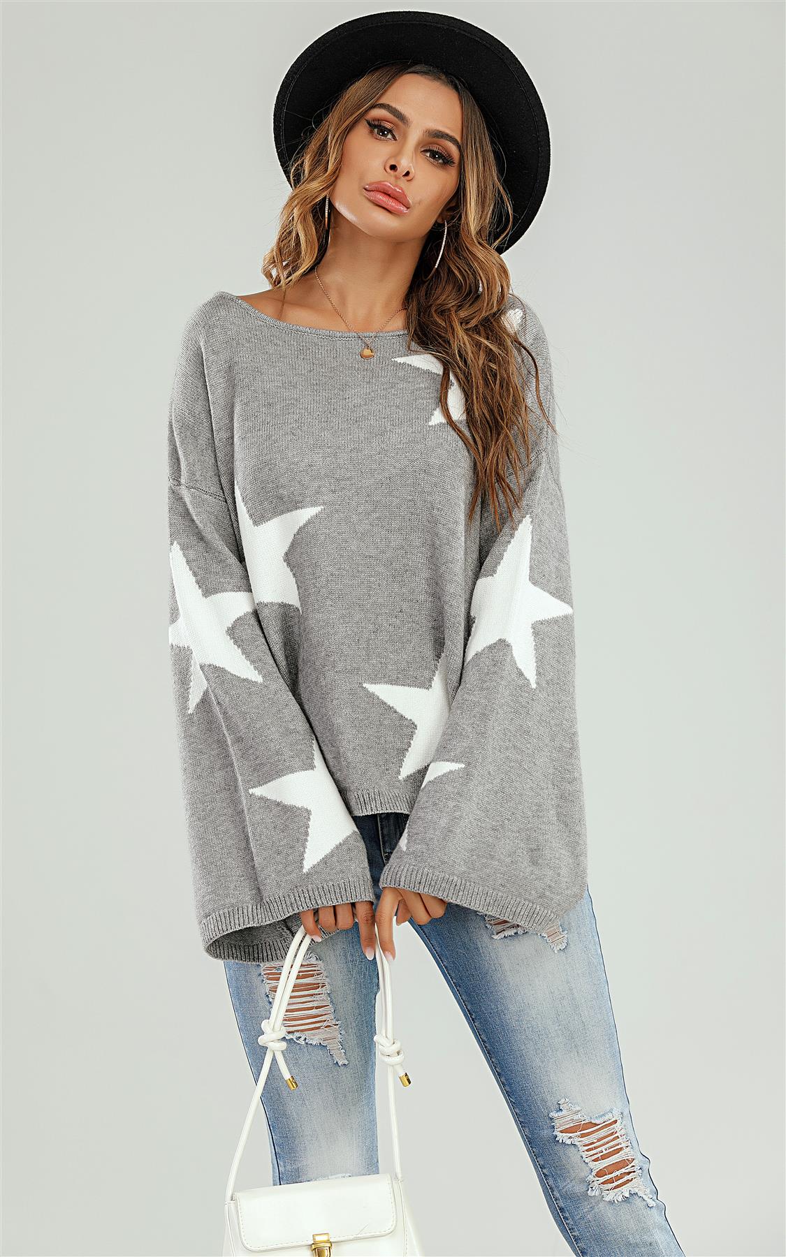 Wide Sleeve Oversized Grey Jumper With White Star