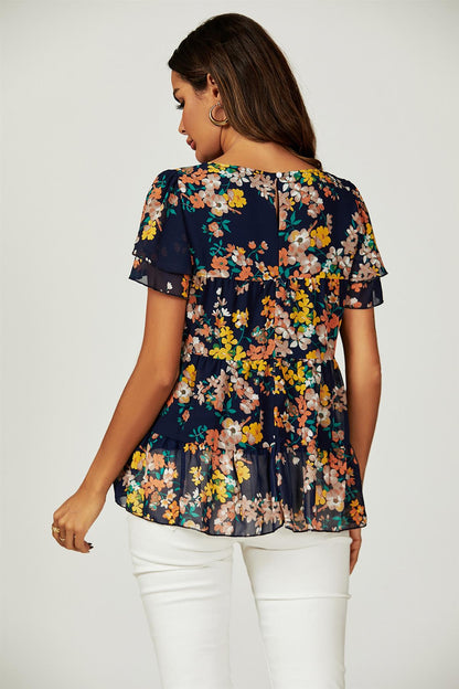 Bluse mit Blumensaum, Smok & Engelärmeln in Navy