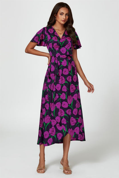 Floral Print Satin Wrap Maxi Dress In Magenta