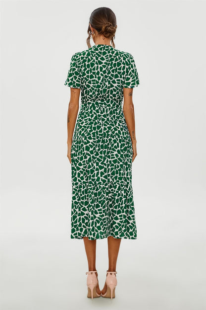 Geo Print Hem Tiered Wrap Midi Dress In Green