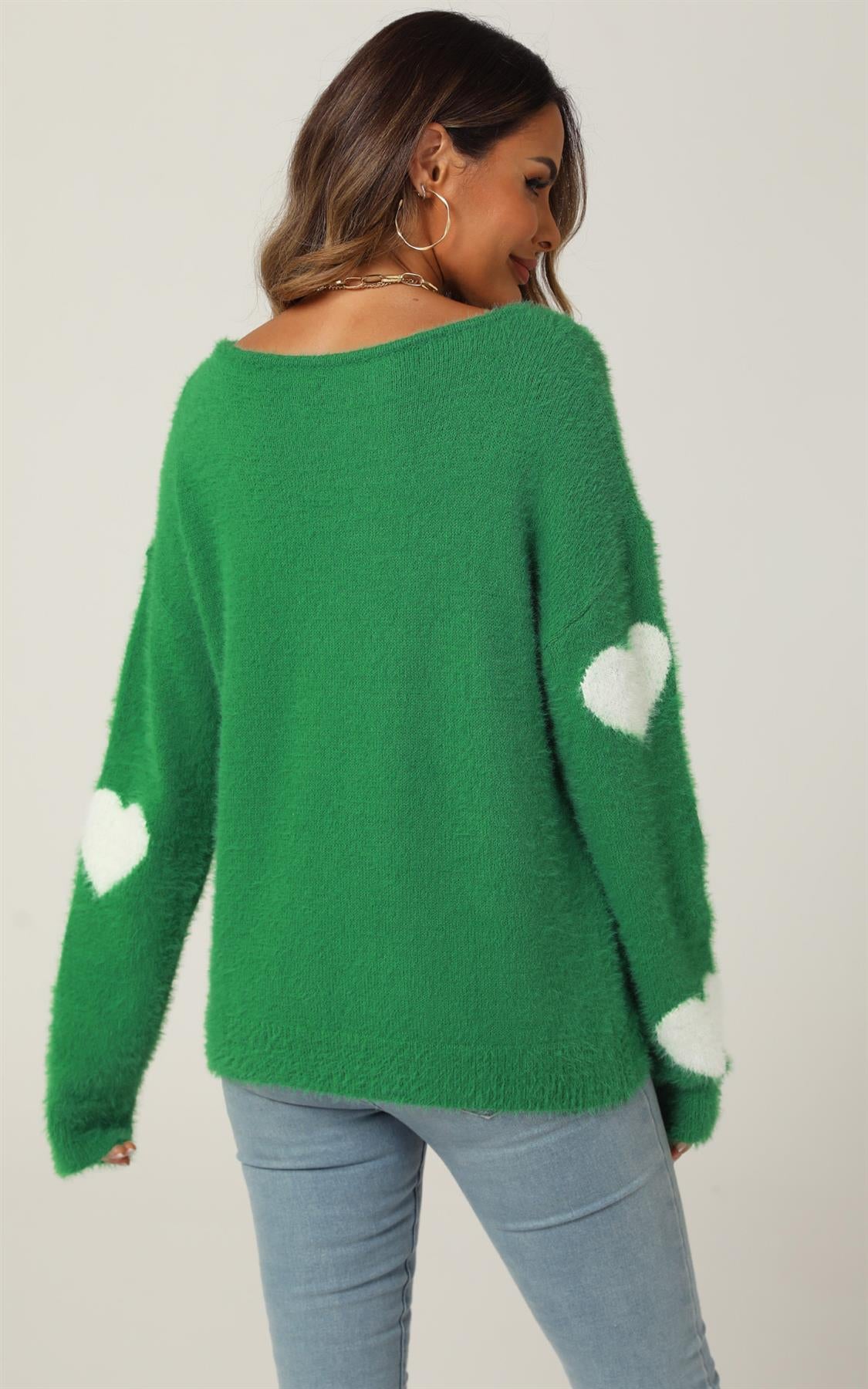 Relaxed Comfy White Heart Pattern Jumper Top In Green