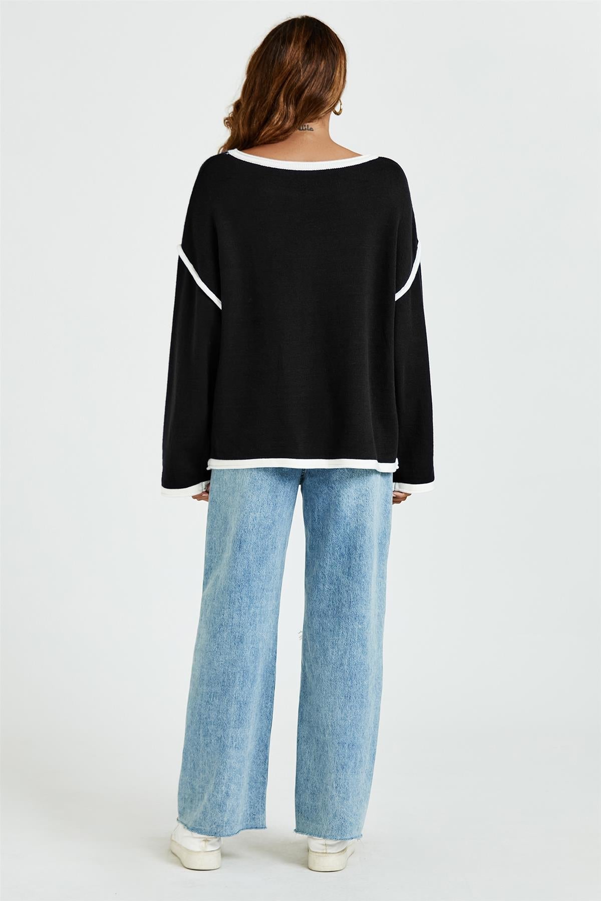 White Striped Oversized Jumper Top In Black