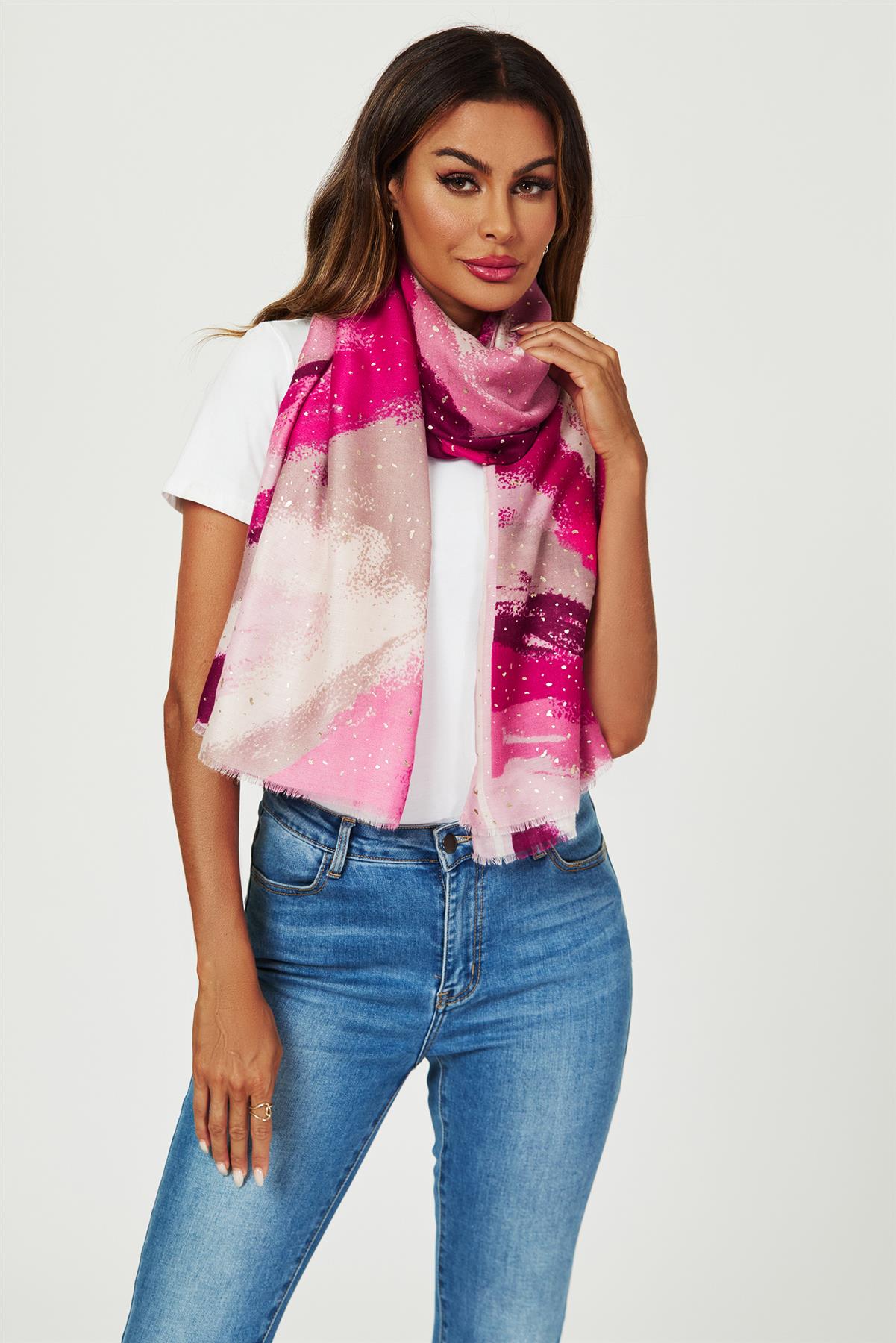 Gold Foil Abstract Brush Print Fringed edges Scarf In Pink