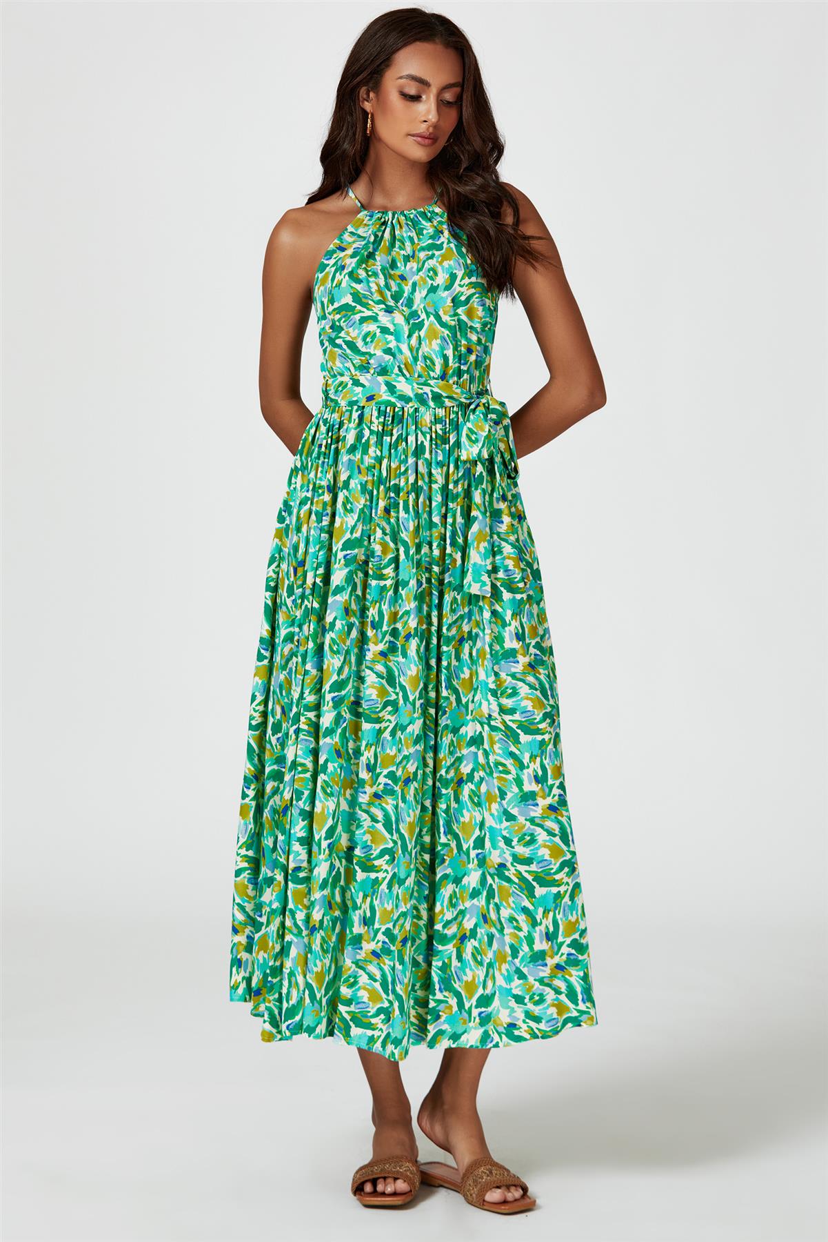 Maxi-Kleid mit abstraktem Print & Halterneck-Bindung in Grün
