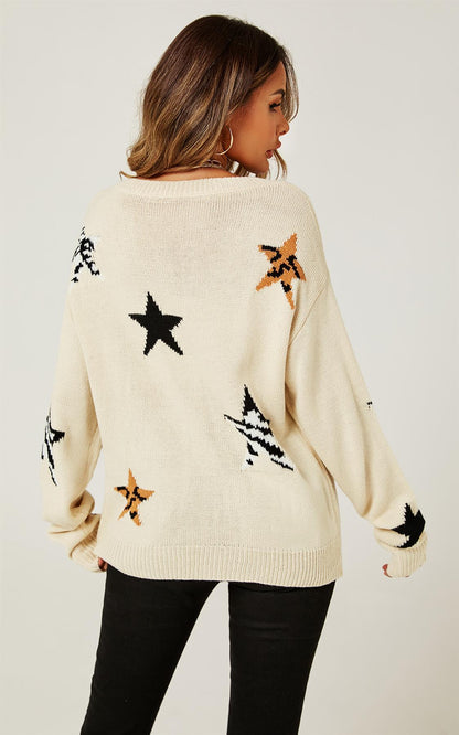 Relaxed Soft V Neck Animal Star Pattern Jumper Top In Beige