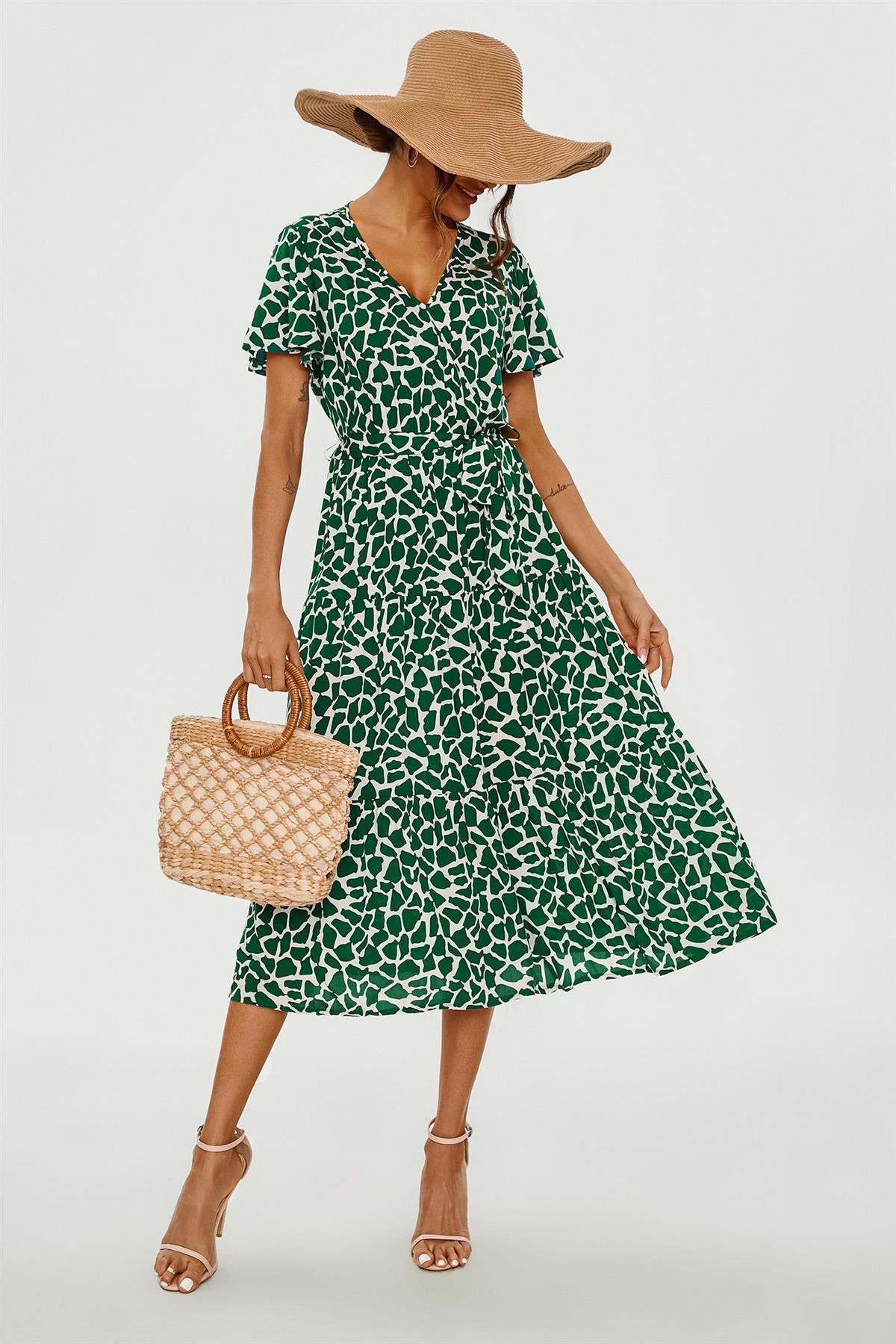 Geo Print Hem Tiered Wrap Midi Dress In Green