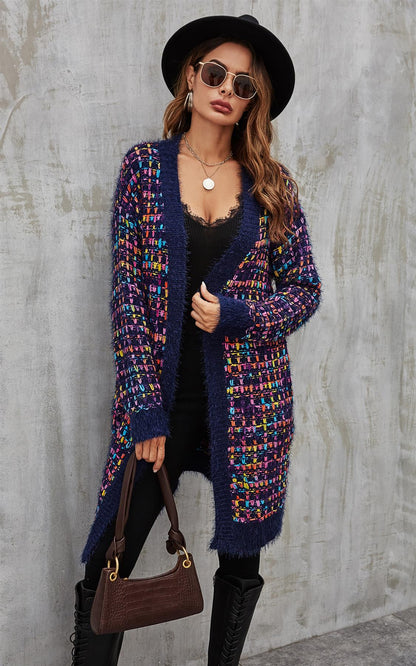 Pink mix Multi colour Speckles Boucle Check Cardigan In Navy