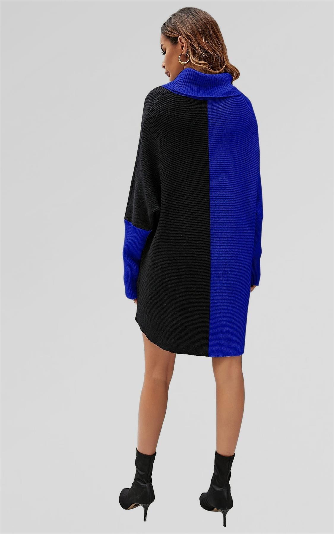High Neck Half Forest Blue & Black Block Colour Jumper Top
