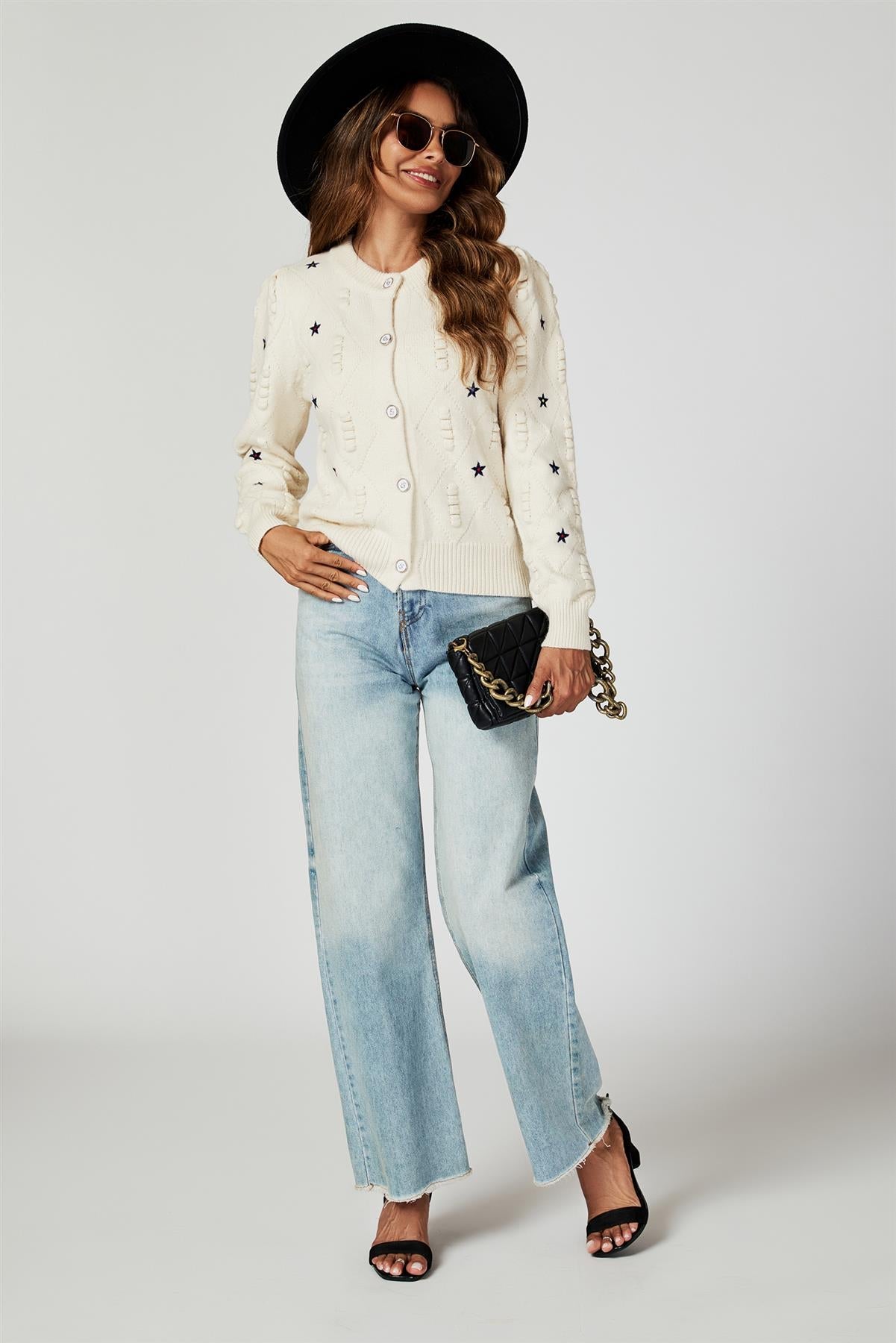 Star Embroidered Knitted Cardigan In Bone White