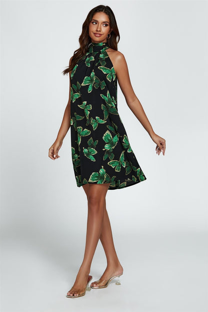 Butterfly Print Halter Neck Tie Back Mini Dress In Green