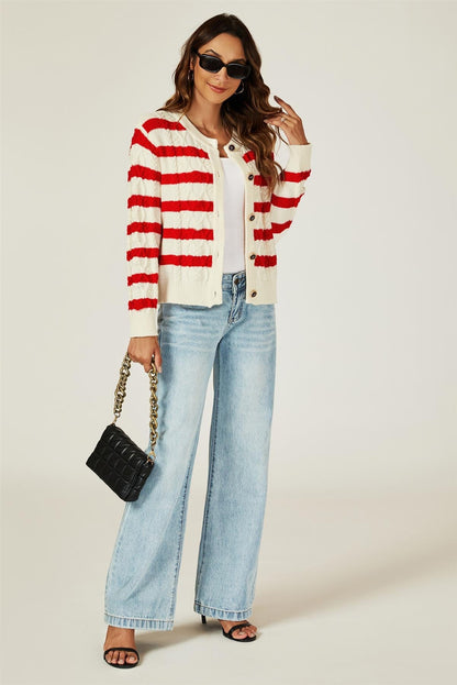Stripe Pattern Knitted Cardigan In Red