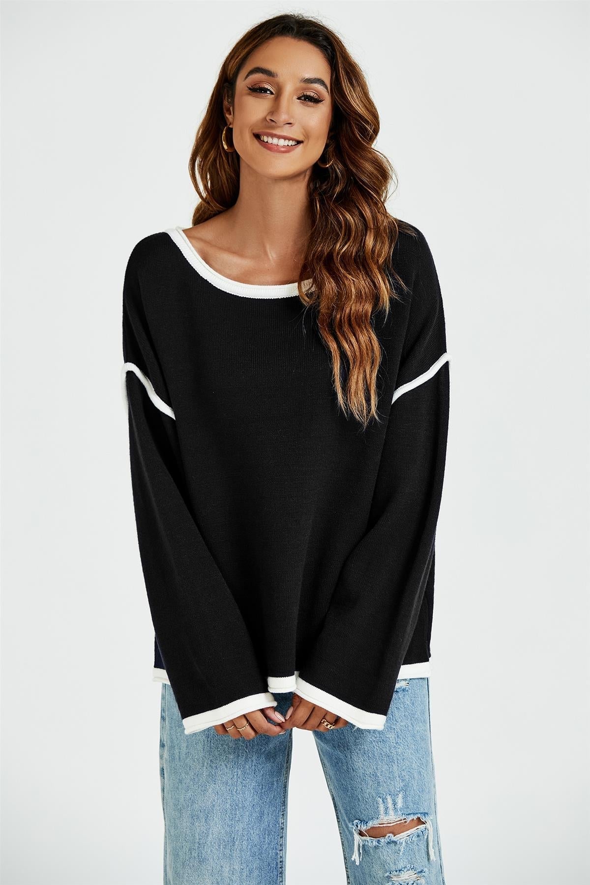 White Striped Oversized Jumper Top In Black