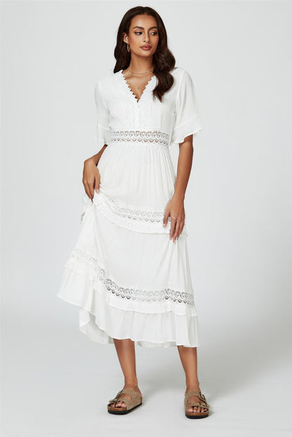 V Neck Lace Detail Midi Dress In White