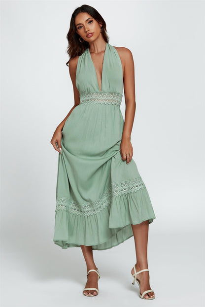 Lace Detail Adjustable Deep V Neckline Maxi Dress In Green