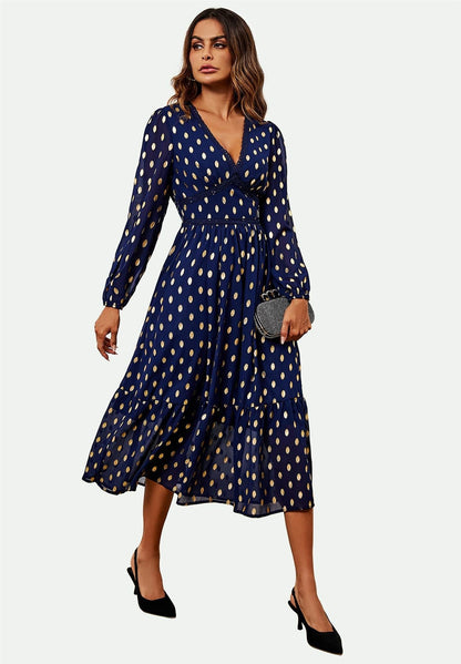 Lace Trim Foil Long Sleeve Maxi Dress In Navy