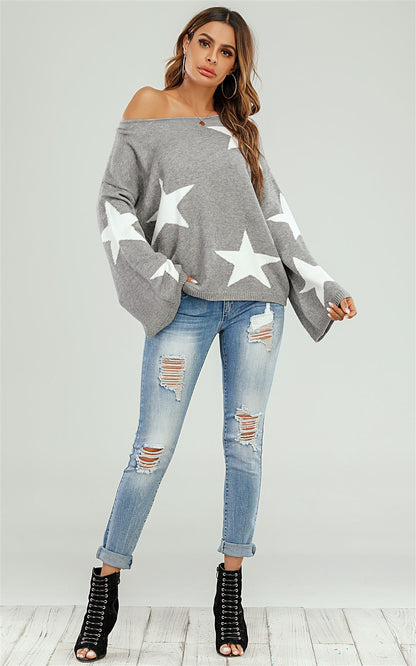 Wide Sleeve Oversized Grey Jumper With White Star