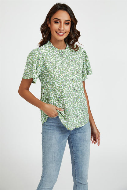 Little Floral Print Angle Sleeve High Neck Top/Blouse In Green