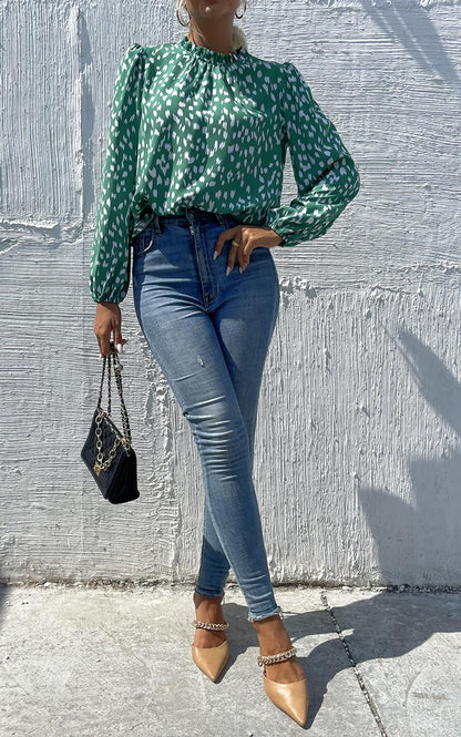 Animal Print Frill Detail High Neck Top In Green