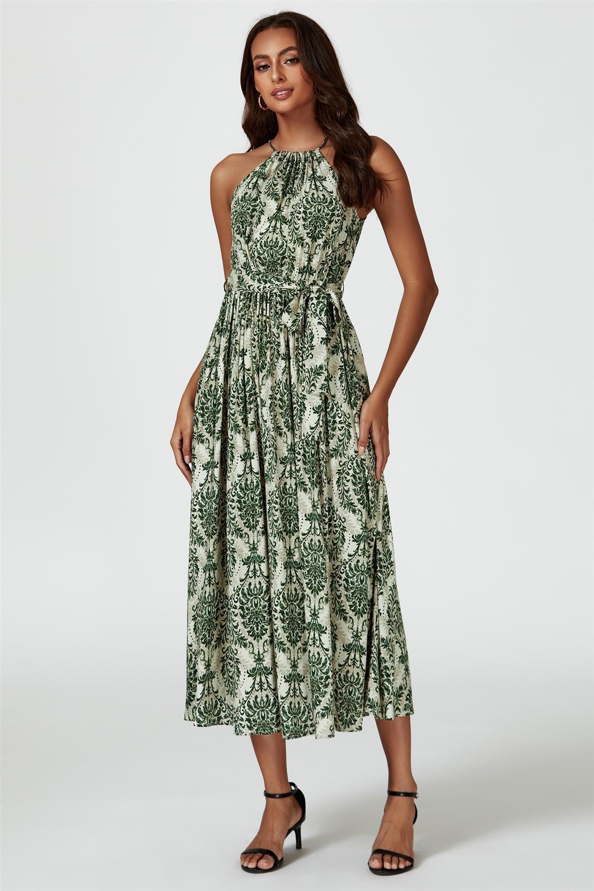 Green & Beige Floral Print Tie Halterneck Maxi Dress