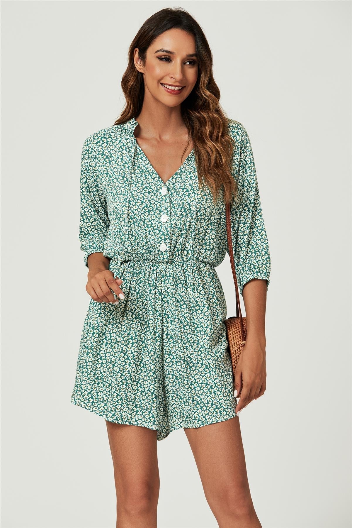 Daisy Floral Print Boho Playsuit With Buttons In Green