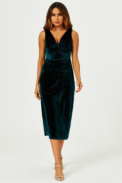 Samt-Midi-Kleid mit Silberglanz & Knotendetail in Grün