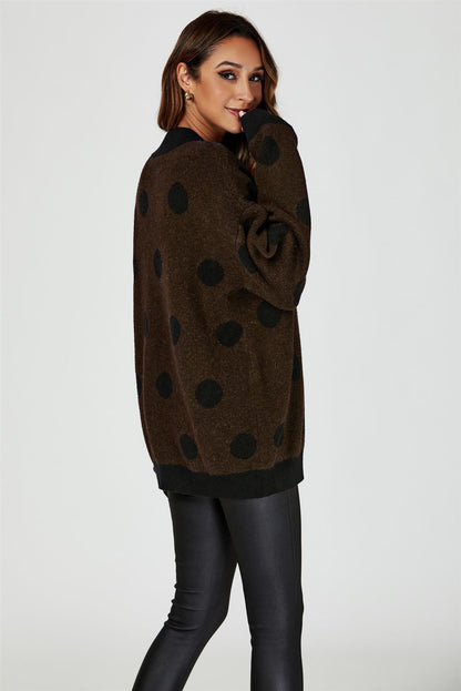 Wool Blended V Neck Jumper In Brown& Black Polka Dot
