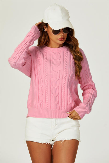 Cable Knit Crew Neck Jumper In Pink