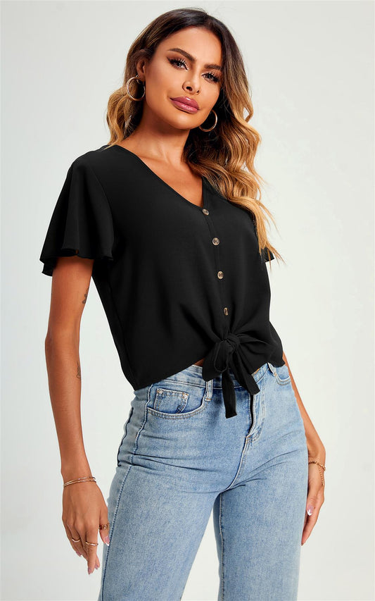 Cute Tie Knot Front Buttoned Crop T Shirt Top In Black