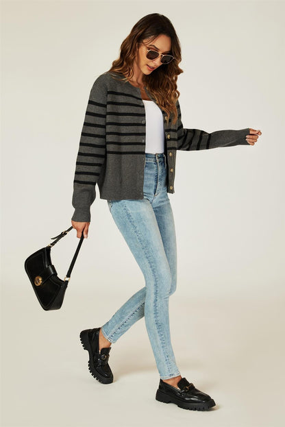 Pocket Stripe Knitted Cardigan In Dark Grey