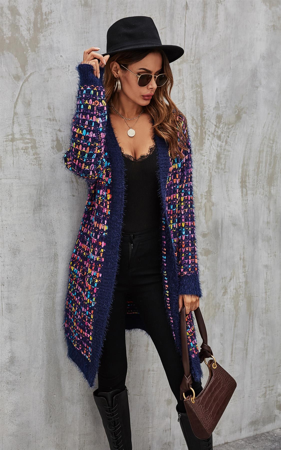 Pink mix Multi colour Speckles Boucle Check Cardigan In Navy
