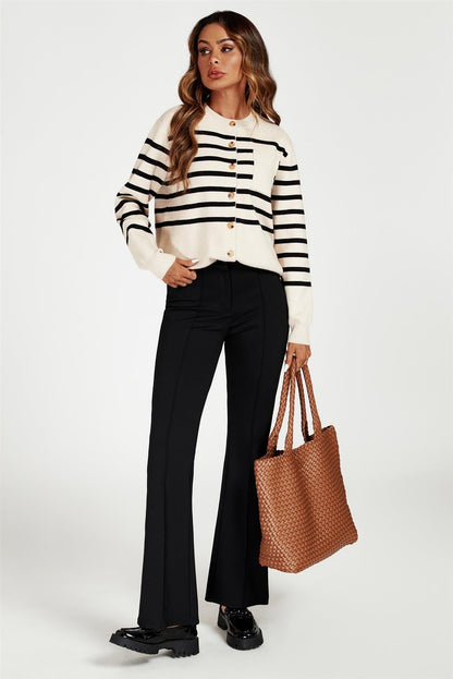 Pocket Stripe Knitted Cardigan In Cream