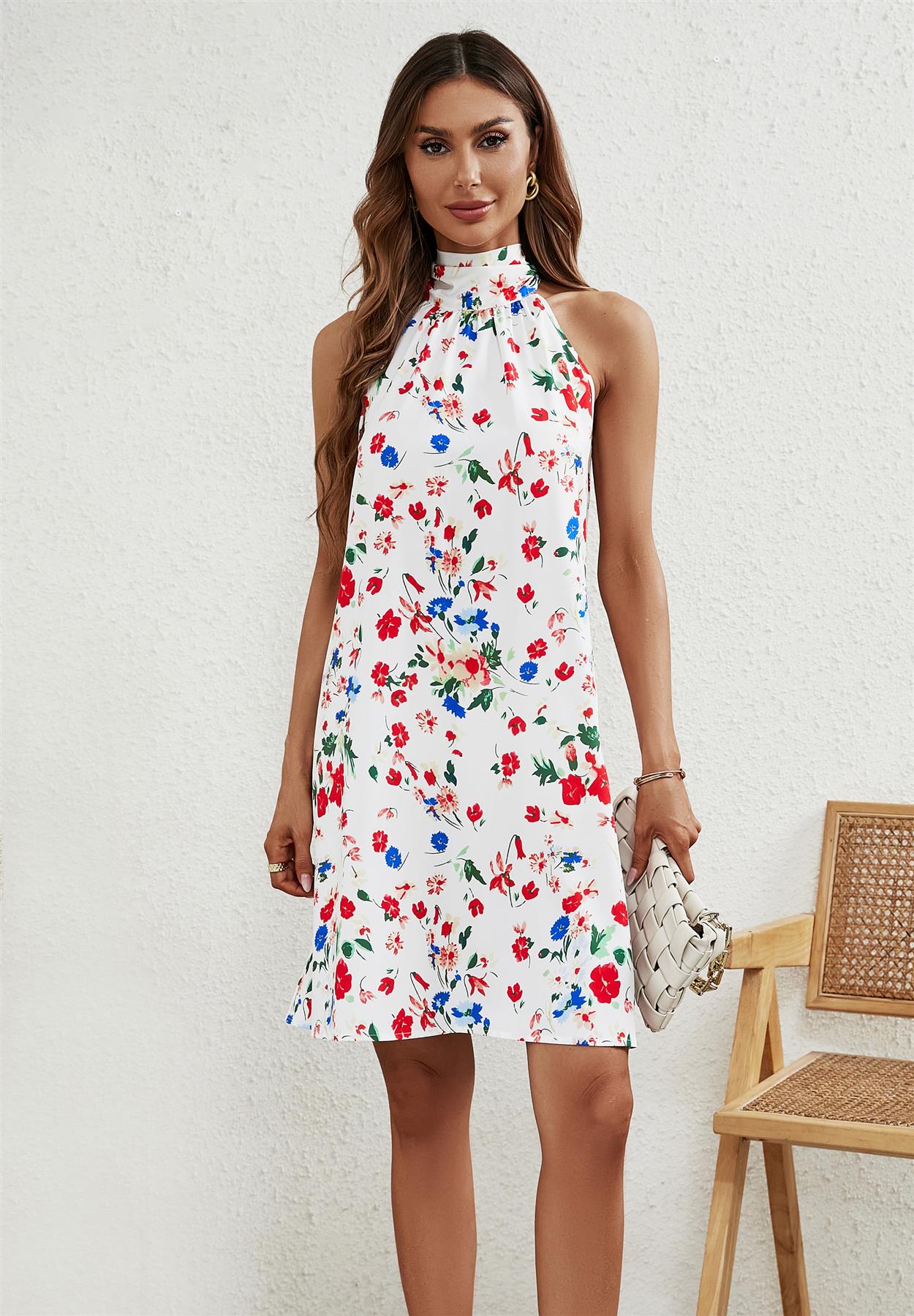 Floral Print Halter Neck Tie Back Mini Dress In White