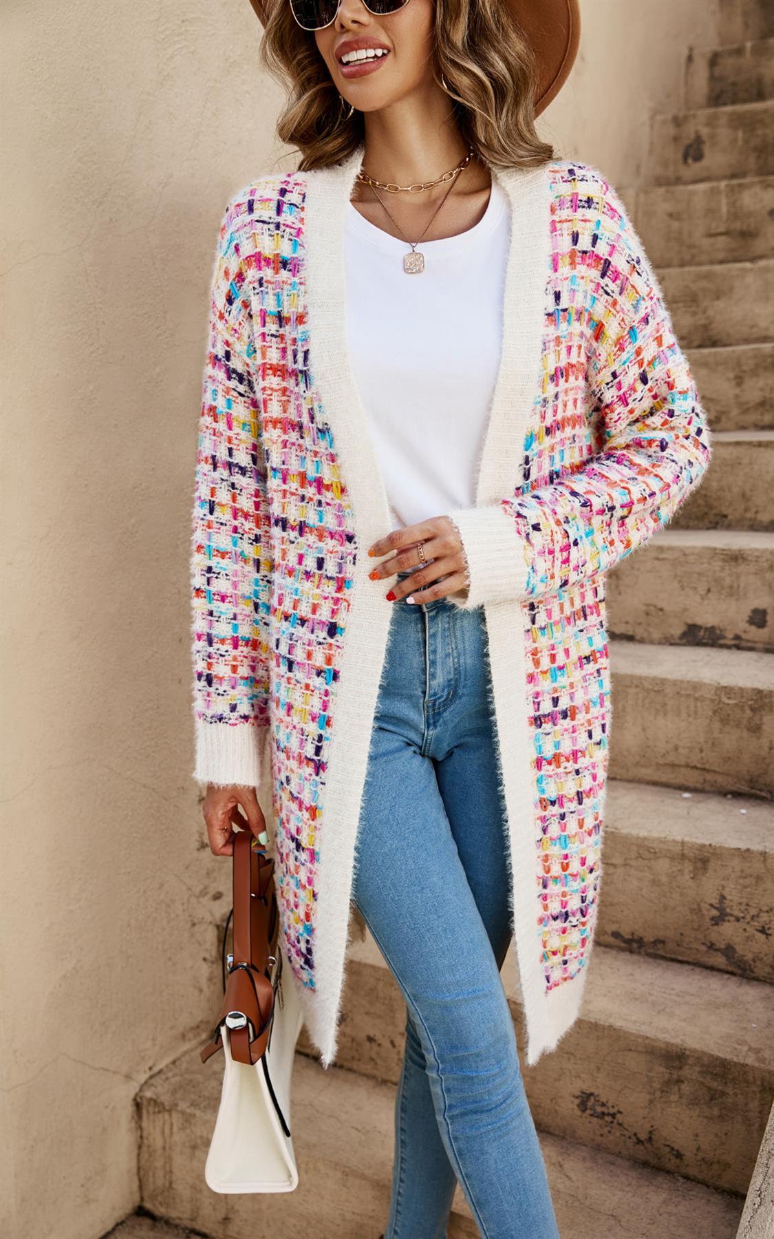 Cream Boucle Check Cardigan In Rainbow Multicolour Speckles