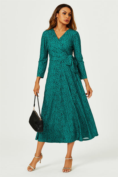 Green Leopard Print Wrap Top Midaxi Dress