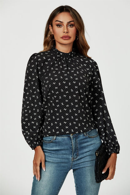 Bow Print Frill Detail High Neck Top In Black