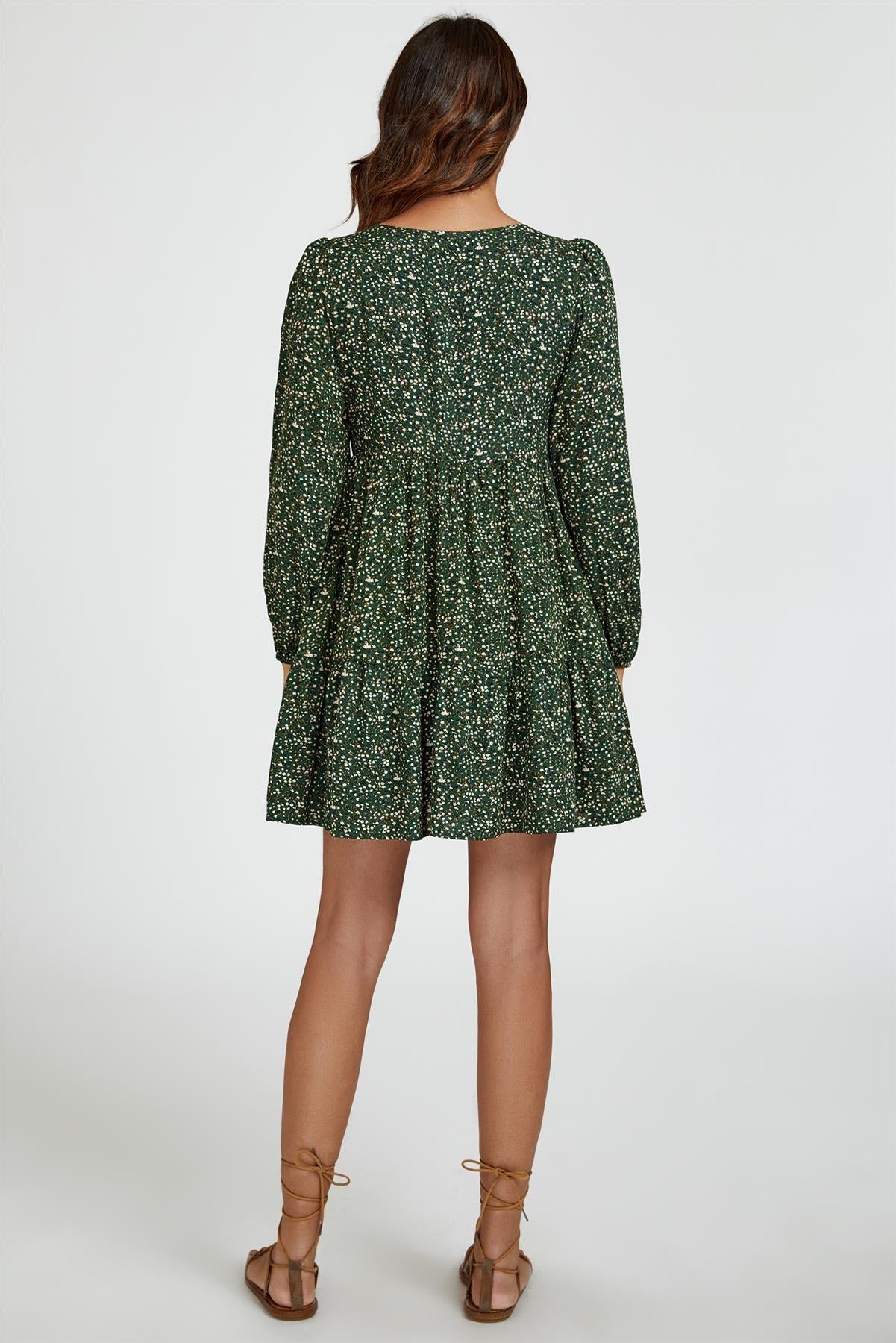 Little Floral Print Square Neck Mini Dress In Olive Green