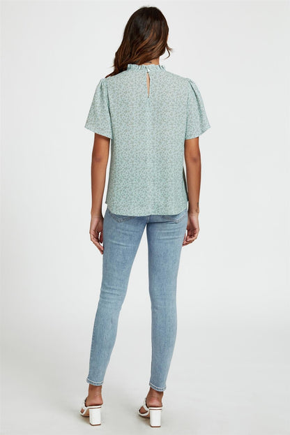 Stehkragen-Bluse mit grauem Blumendruck & Engelärmeln in Blau