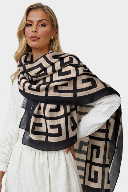 Geo Print Scarf In Beige & Black
